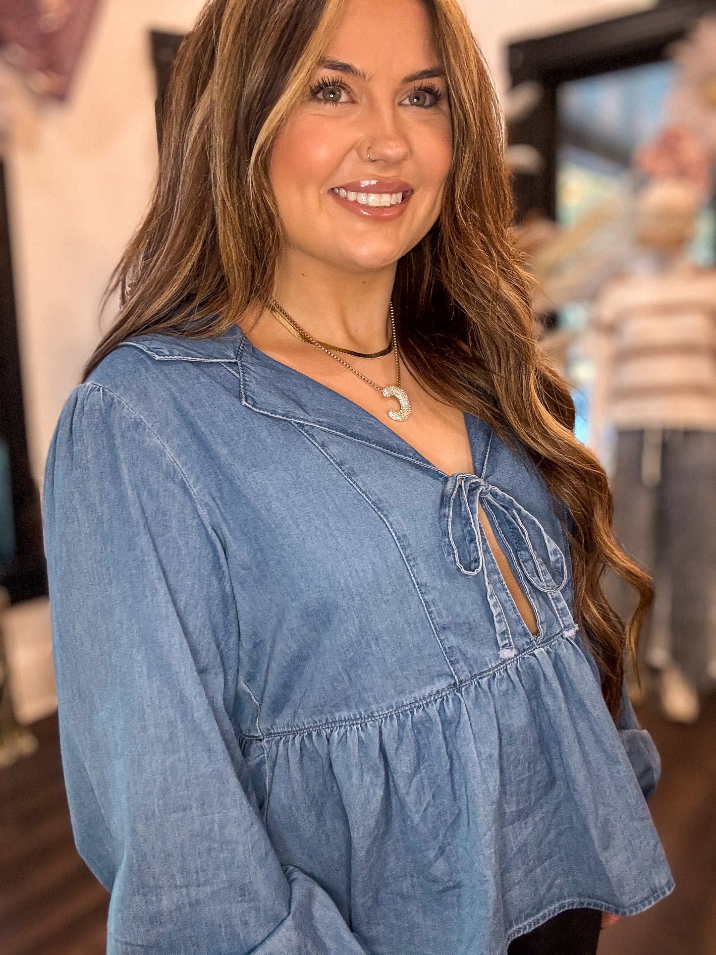 Denim Lapel Neck Peplum Top