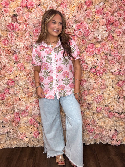 Pink Blooms Puff Sleeve Blouse