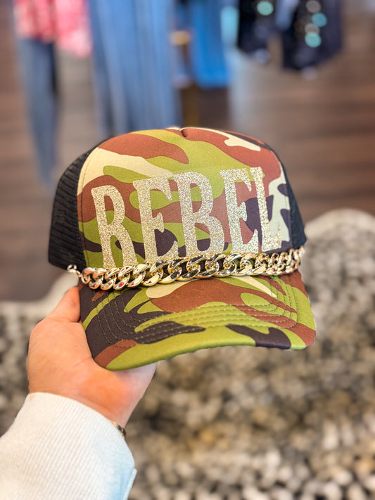 Rebel Camo Trucker Hat with Hat Chain