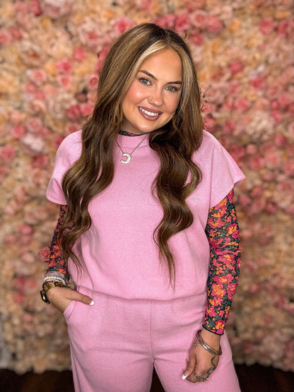 Rose Floral Mesh Long Sleeve Mock Neck Top