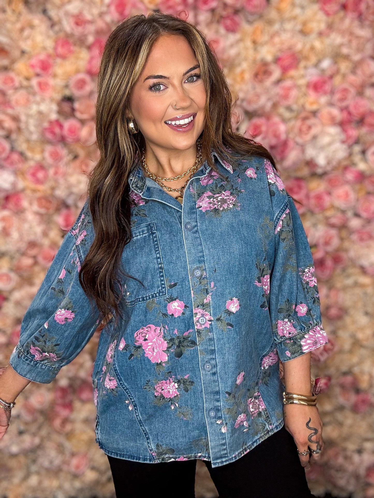 Floral Denim Button-Up Blouse