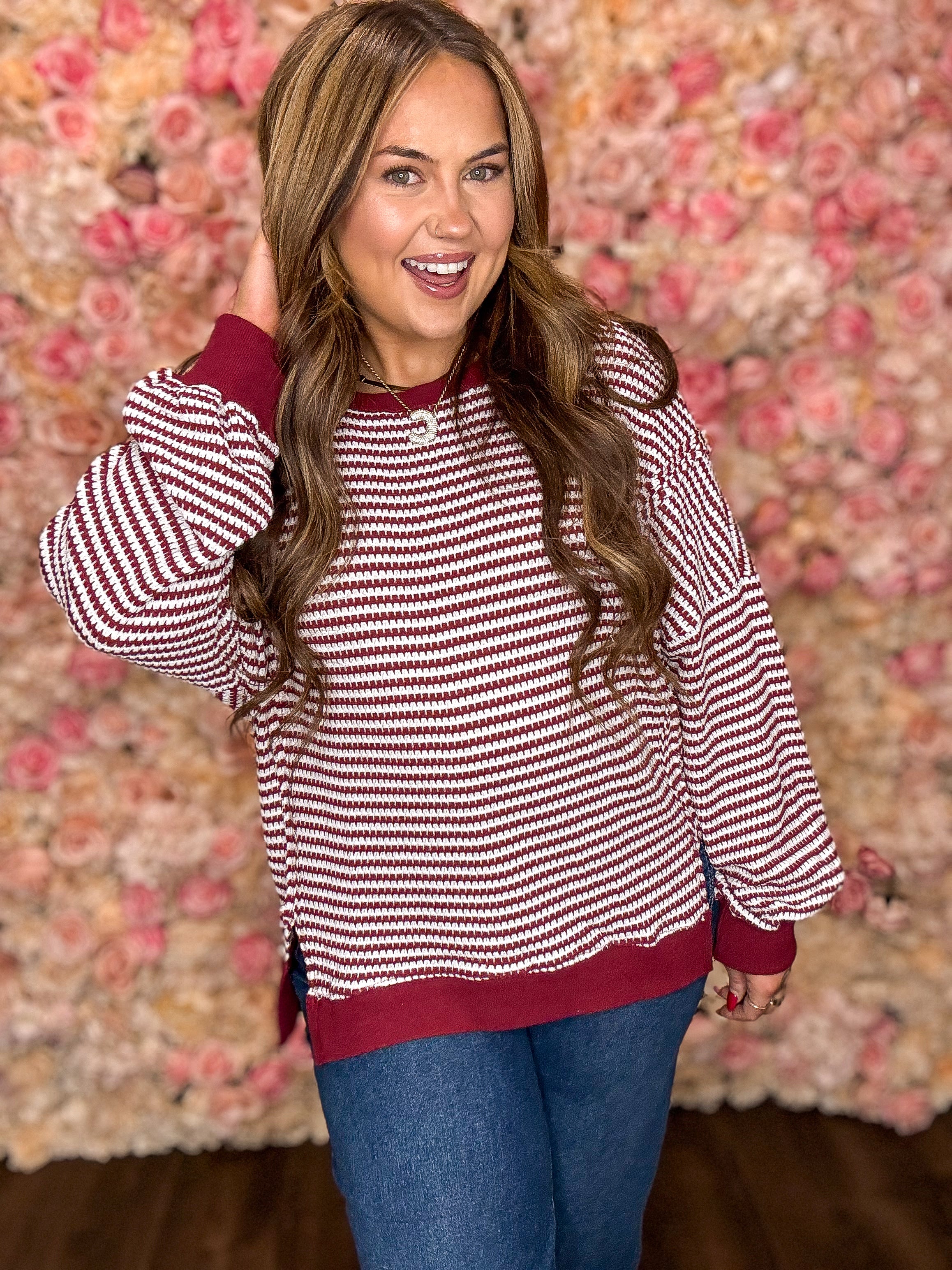 Maroon Stripe Ribbed Oversized Sweatshirt