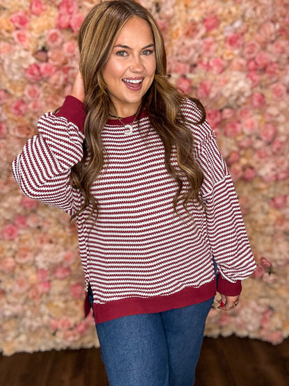 Maroon Stripe Ribbed Oversized Sweatshirt
