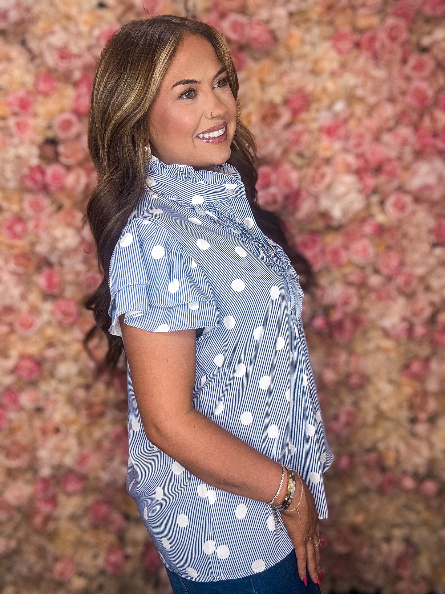 Blue Stripe & Polka Dot Ruffle Sleeve Blouse