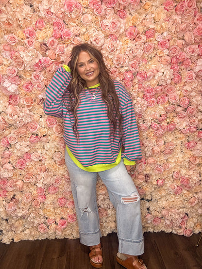 Teal Stripe Oversized Contrast Trim Sweatshirt