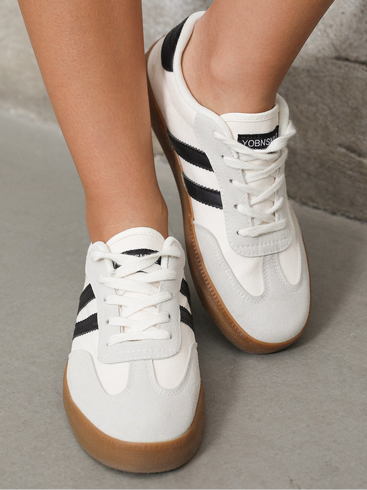 White Striped Lace-up Flat Sneakers