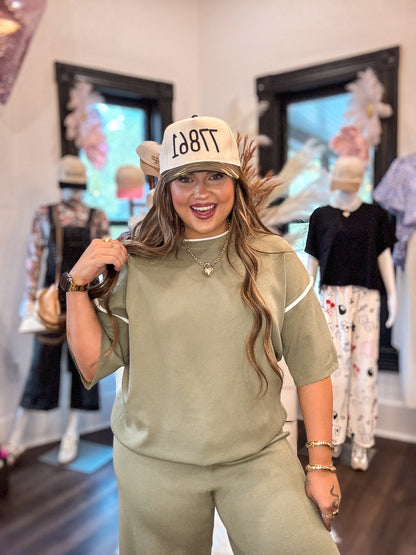 Olive Green Half Sleeve Top & Drawstring Pants Sweater Set