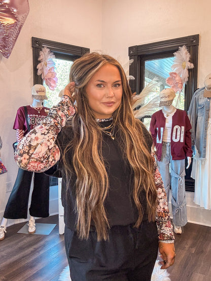 Brown Floral Long Sleeve High Neck Mesh Blouse