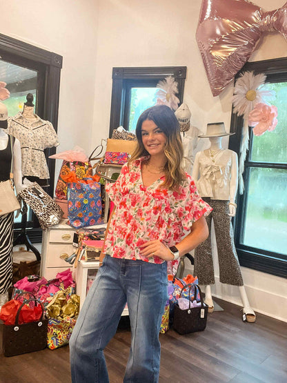 Pink Floral Boxy Fit Ruffled Short Sleeve V Neck Blouse