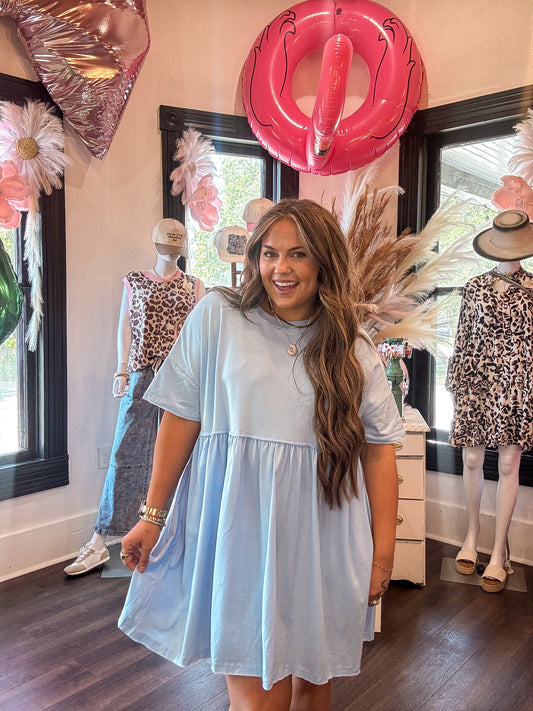 Sky Blue Solid Color Pocketed Raw Edge Babydoll Dress