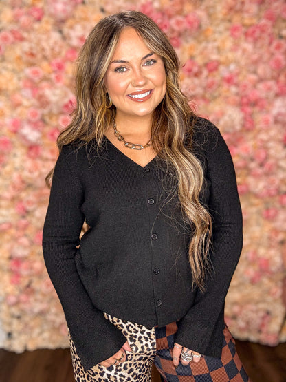 Black Ribbed Knit V Neck Cardigan Top