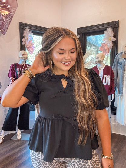 Black Puff Sleeve Bowknot Front Peplum Blouse