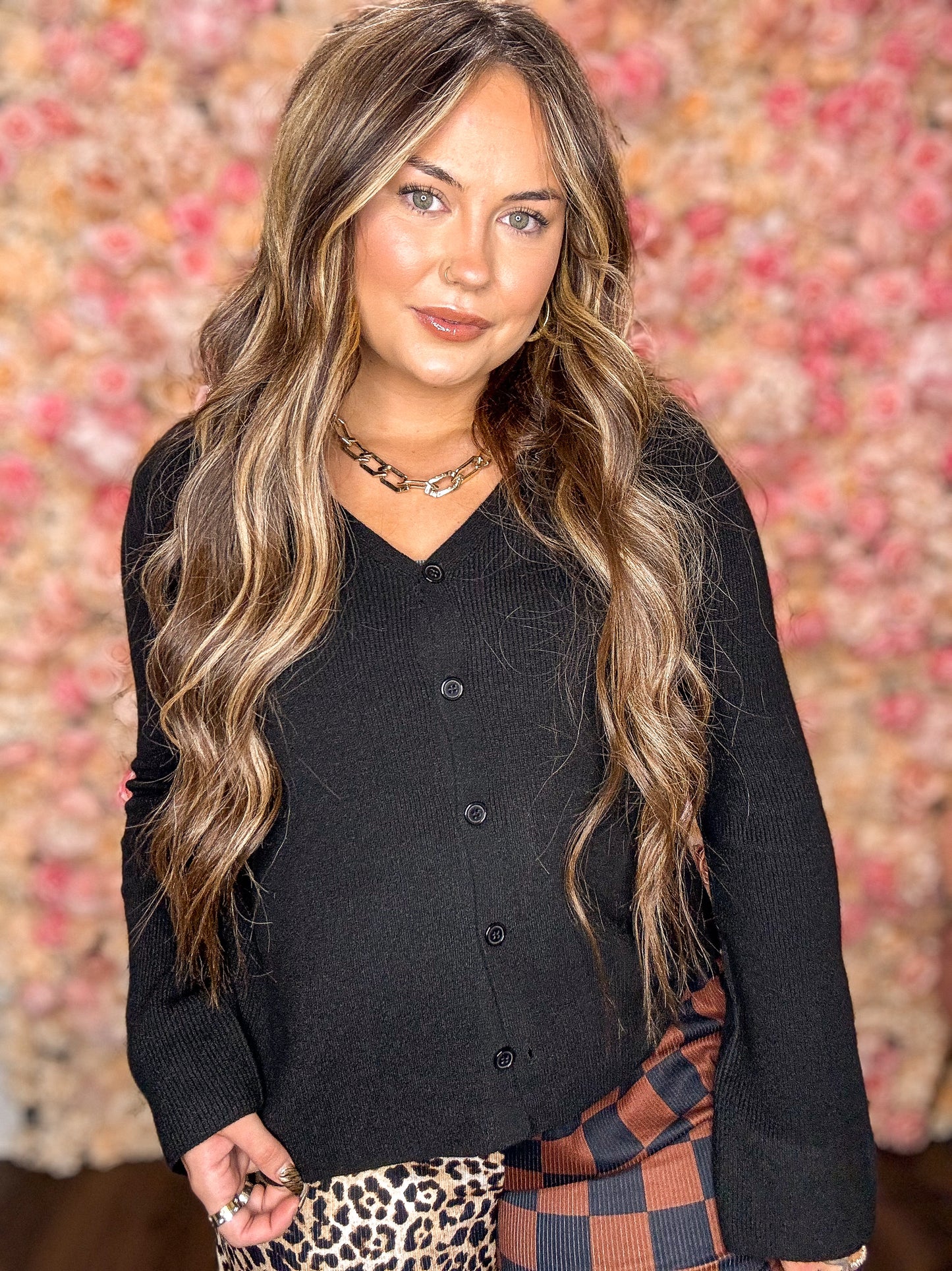 Black Ribbed Knit V Neck Cardigan Top