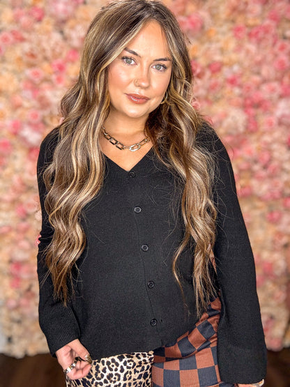 Black Ribbed Knit V Neck Cardigan Top