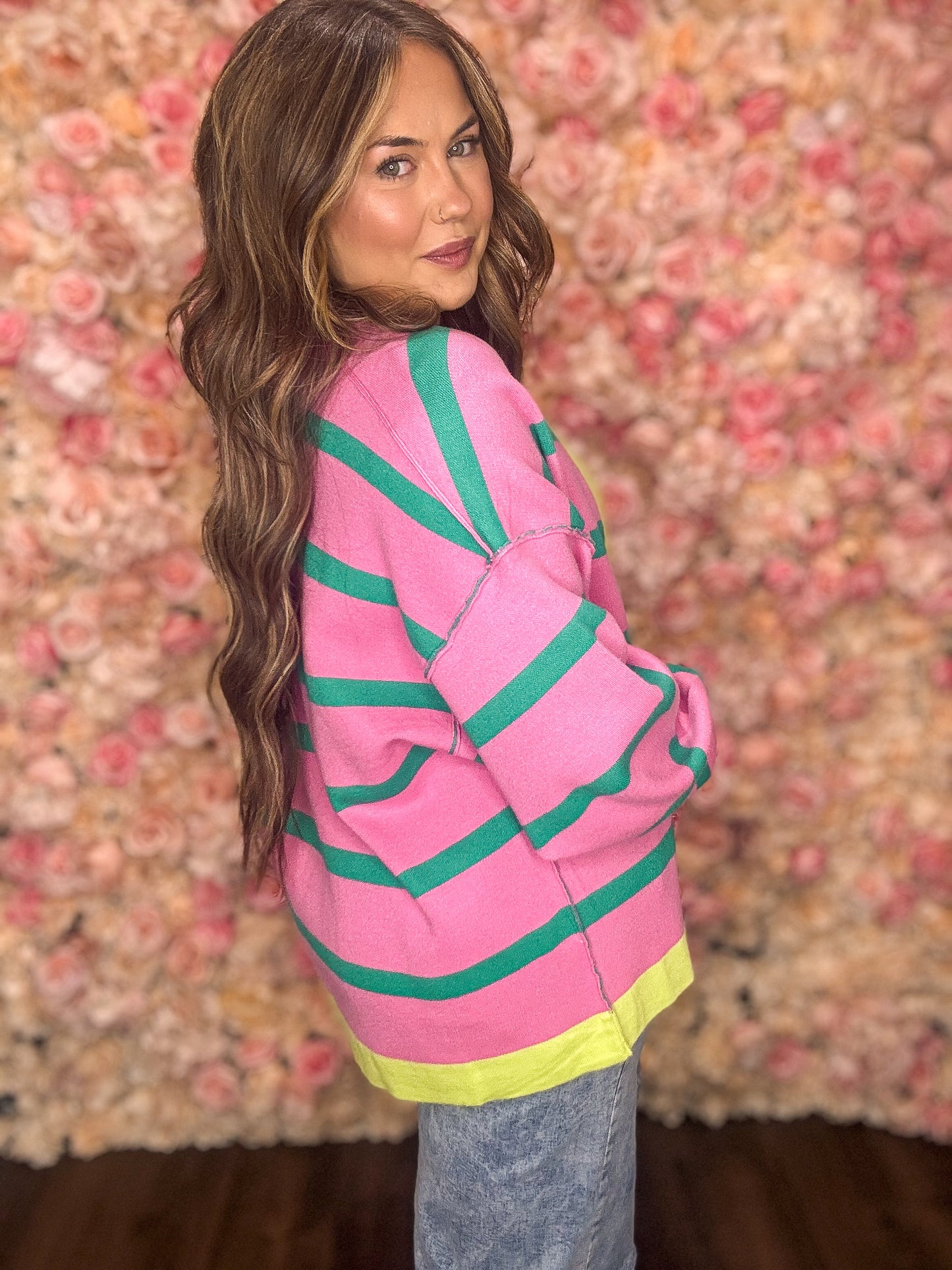 Pink Stripe Colorblock Cardigan