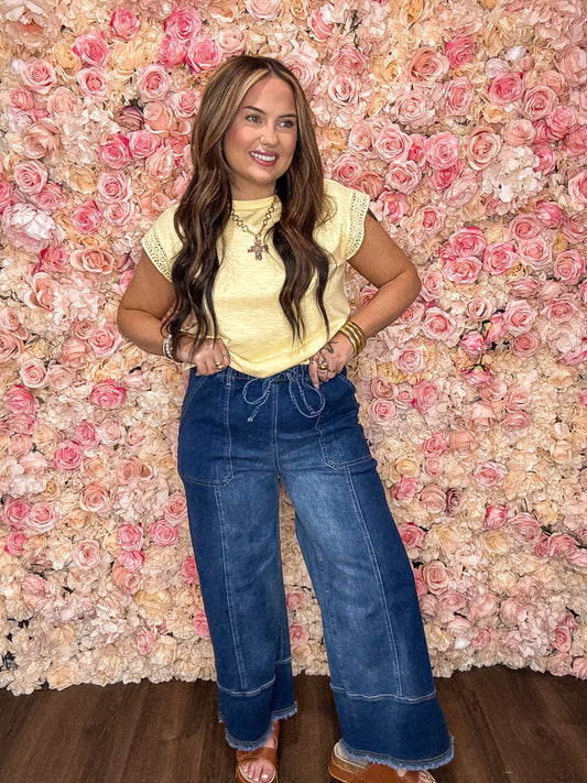 Deep Blue Drawstring Wide Leg Jeans