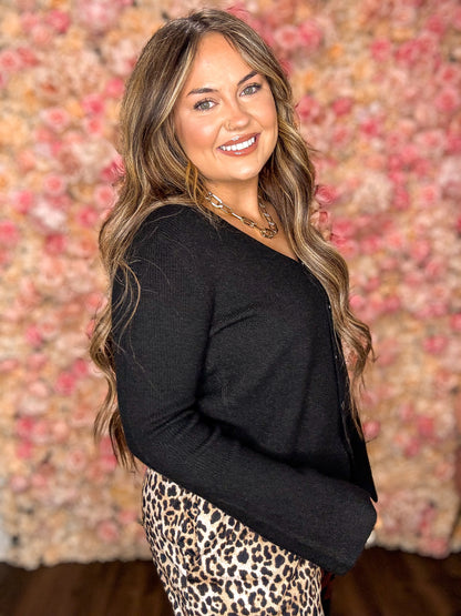 Black Ribbed Knit V Neck Cardigan Top