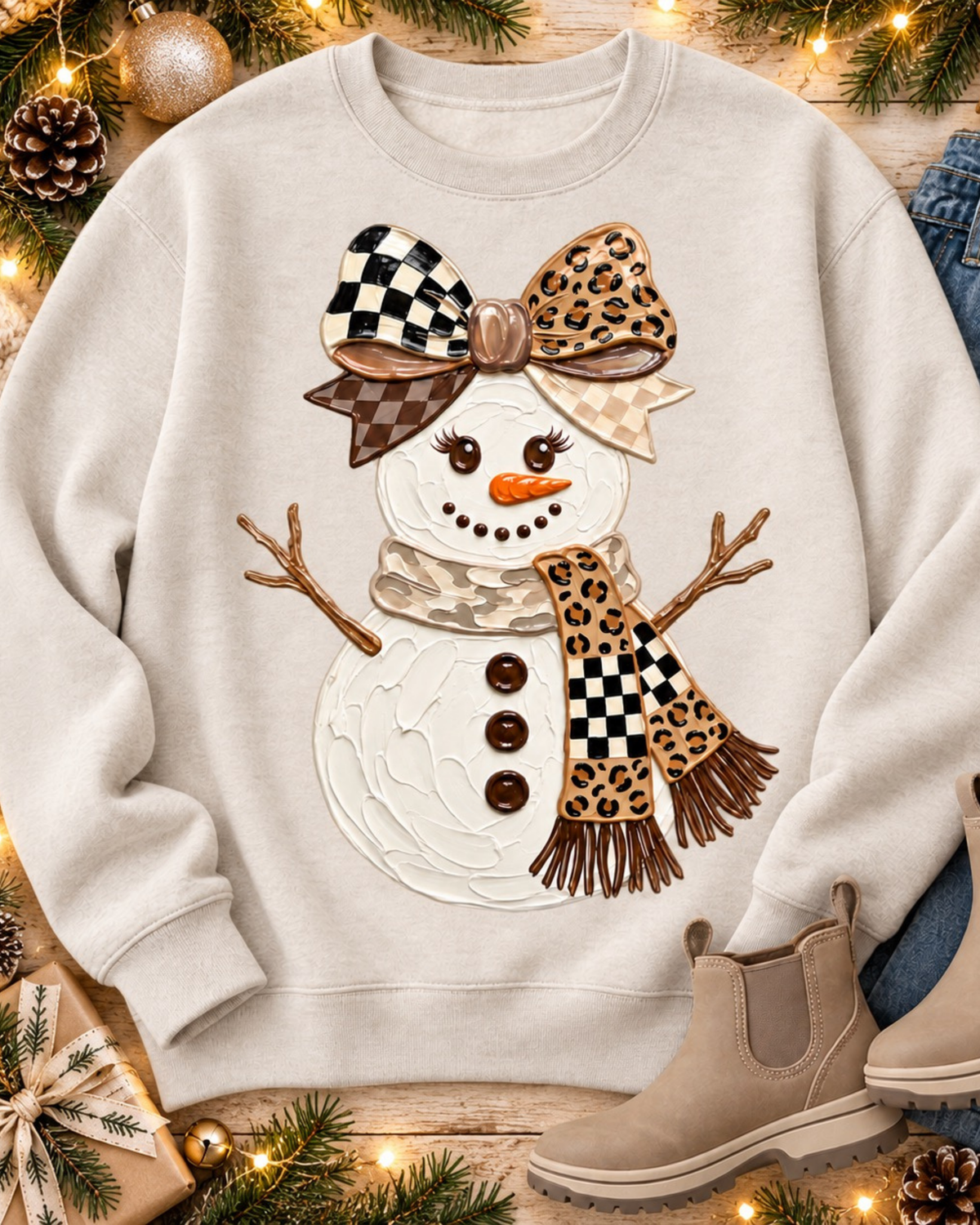 Mixed Print Patchwork Snowman Sweatshirt