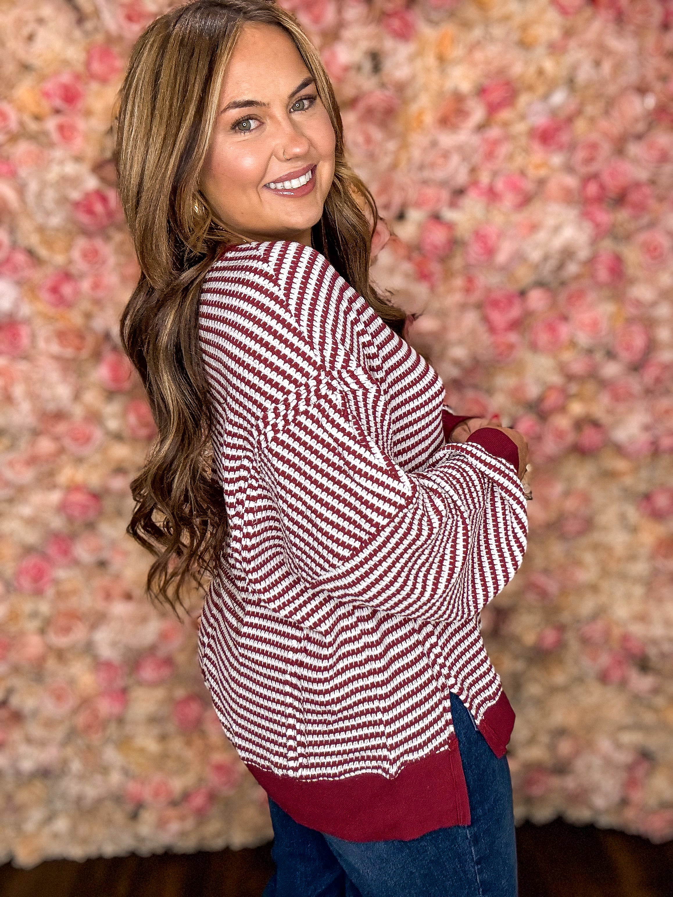 Maroon Stripe Ribbed Oversized Sweatshirt