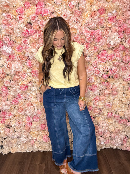 Deep Blue Drawstring Wide Leg Jeans