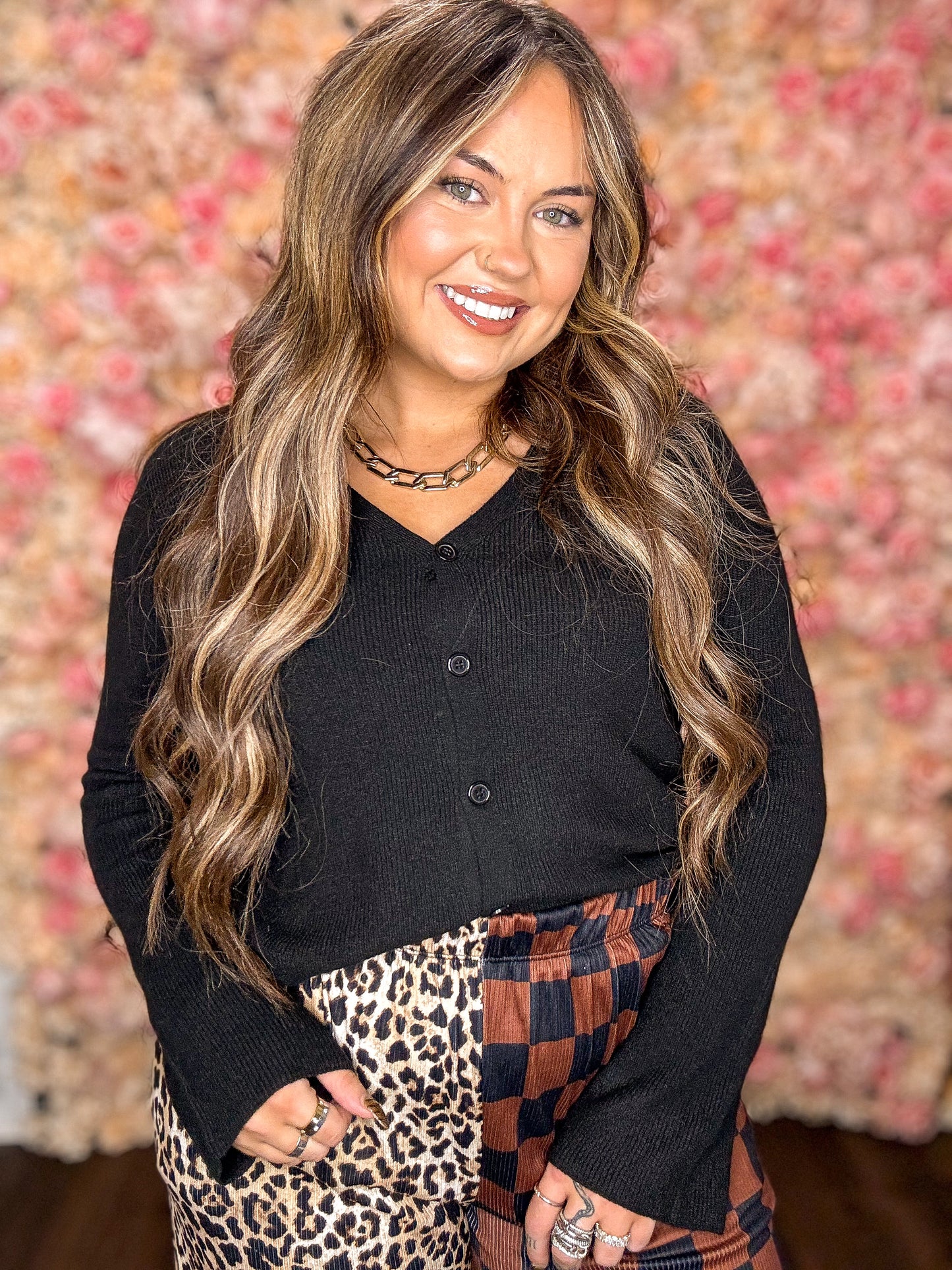 Black Ribbed Knit V Neck Cardigan Top