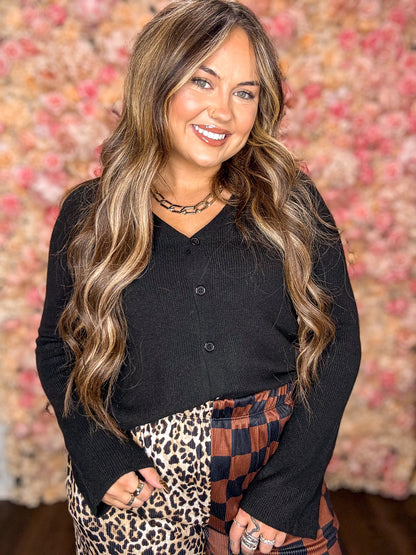 Black Ribbed Knit V Neck Cardigan Top