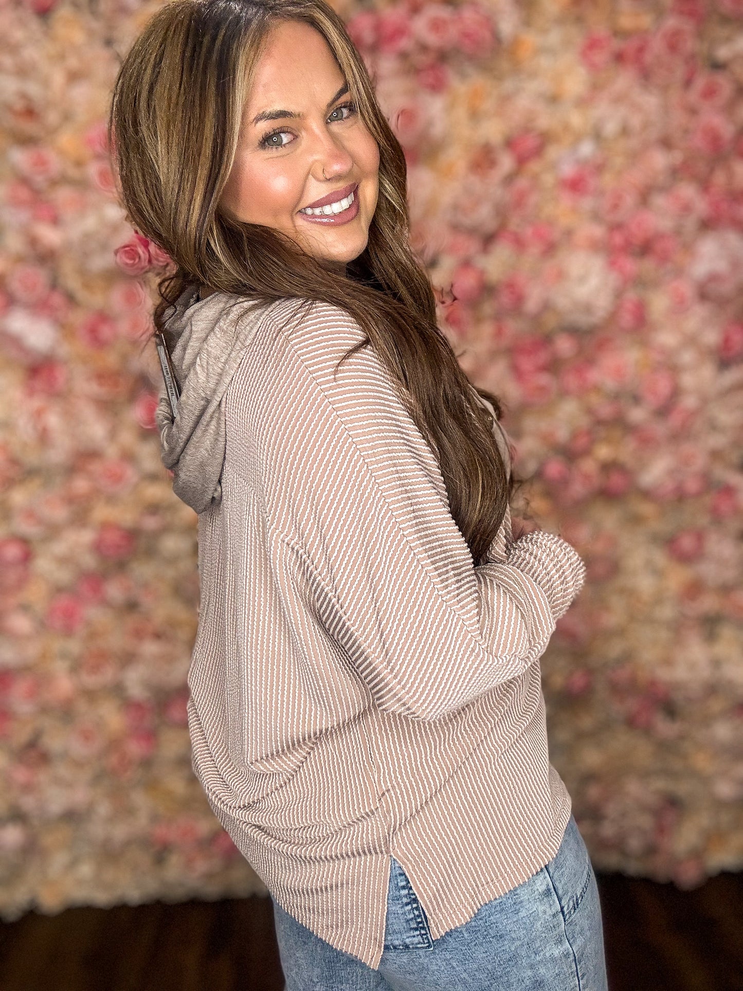 Cocoa Patchwork Corded Drawstring Hoodie