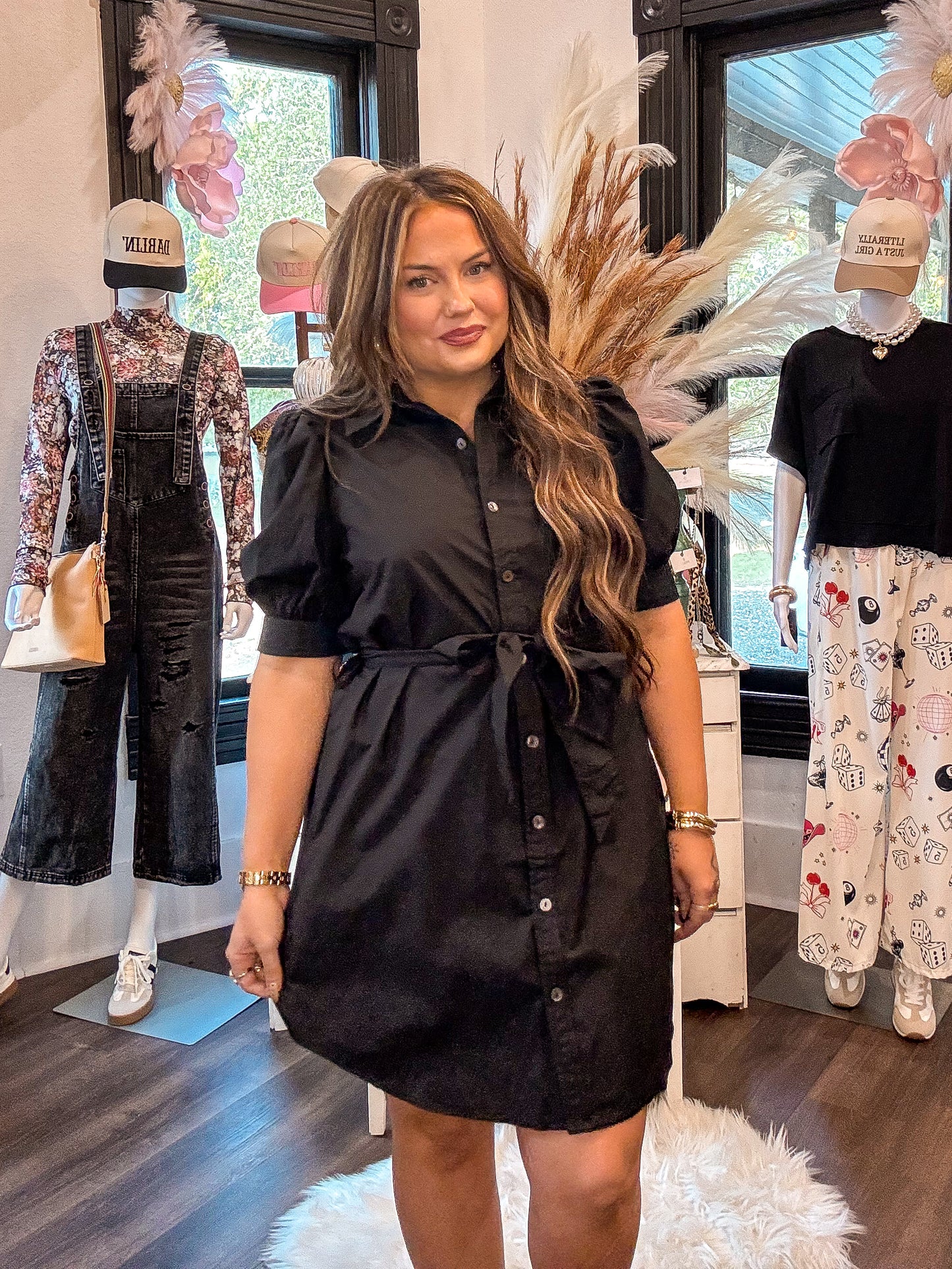 Black Button Up Tie Waist Puff Sleeve Mini Dress