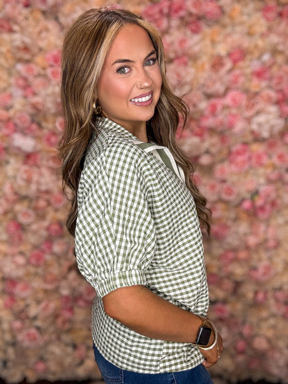 Olive Gingham Puff Sleeve Blouse