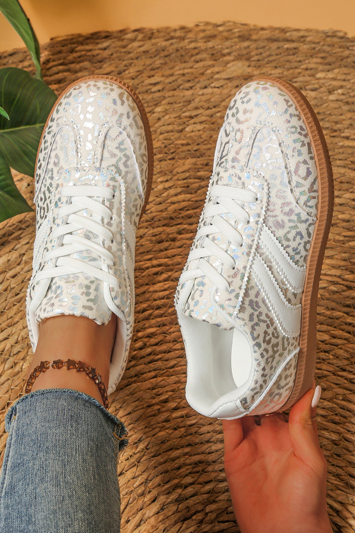Iridescent Leopard Print Stripe Sneakers