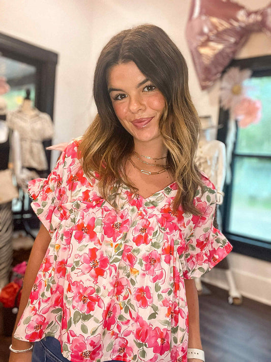 Pink Floral Boxy Fit Ruffled Short Sleeve V Neck Blouse