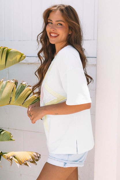 Ivory Star Layered Patched Graphic Half Sleeve Loose Tee