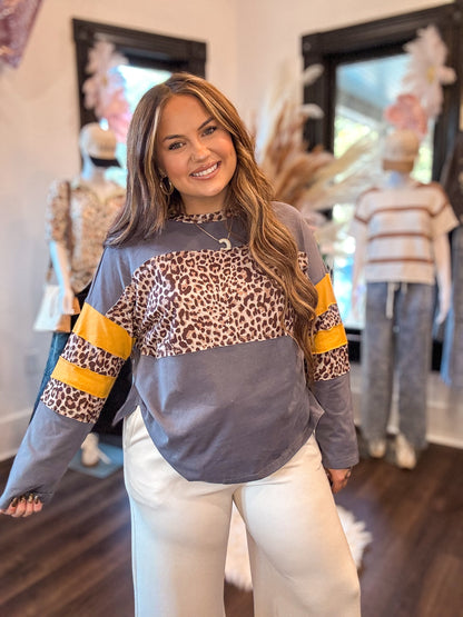 Blue Leopard Colorblock Long Sleeve Top