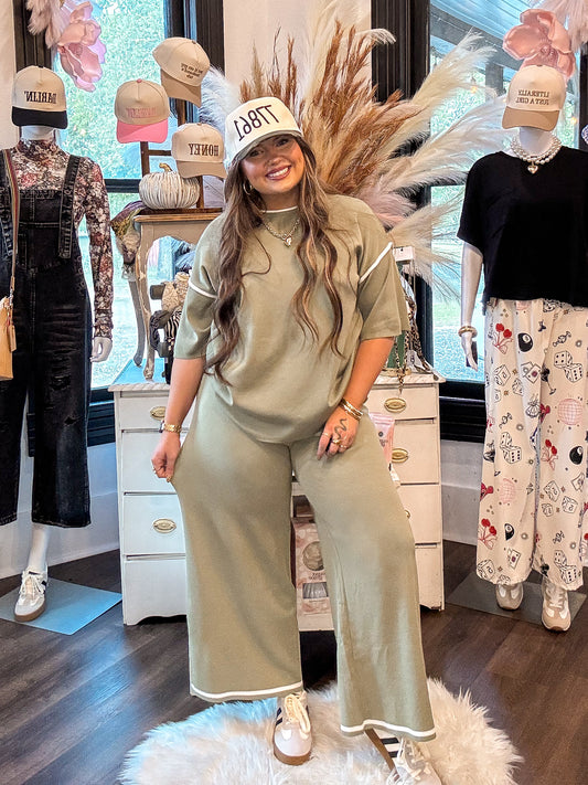 Olive Green Half Sleeve Top & Drawstring Pants Sweater Set