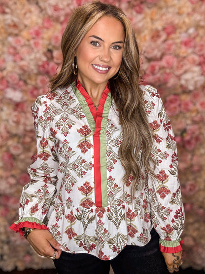 Autumn Garden Ruffle Peplum Blouse