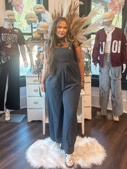 Sail Blue Plaid Print Buttoned Pocketed High Waist Overall