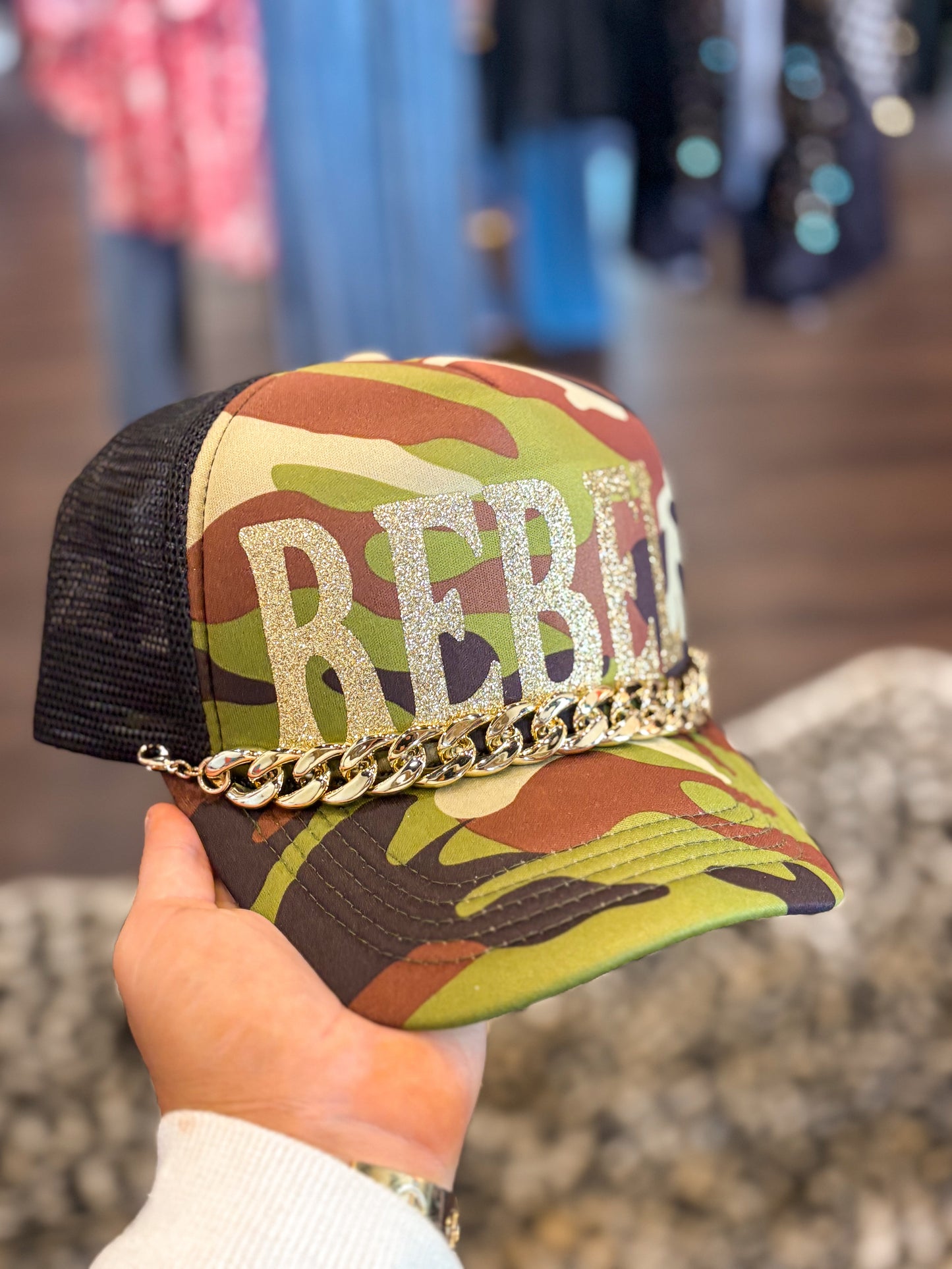 Rebel Camo Trucker Hat with Hat Chain