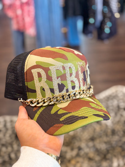 Rebel Camo Trucker Hat with Hat Chain