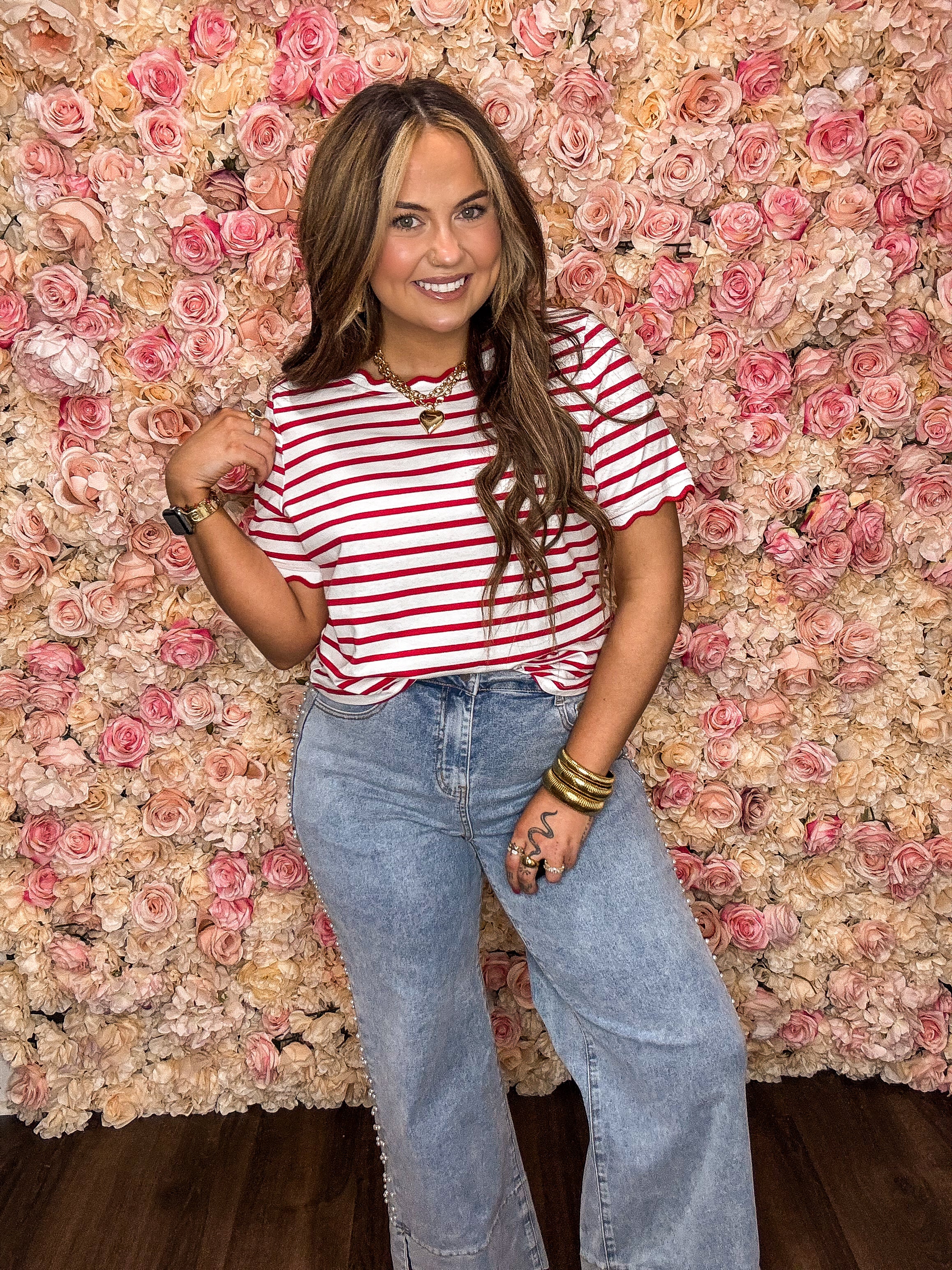 Red Stripe Scalloped Trim Tee