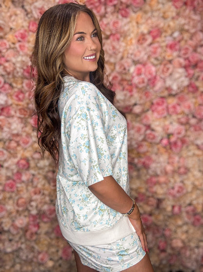 Sky Blue Floral Short Sleeve Top and Short Set