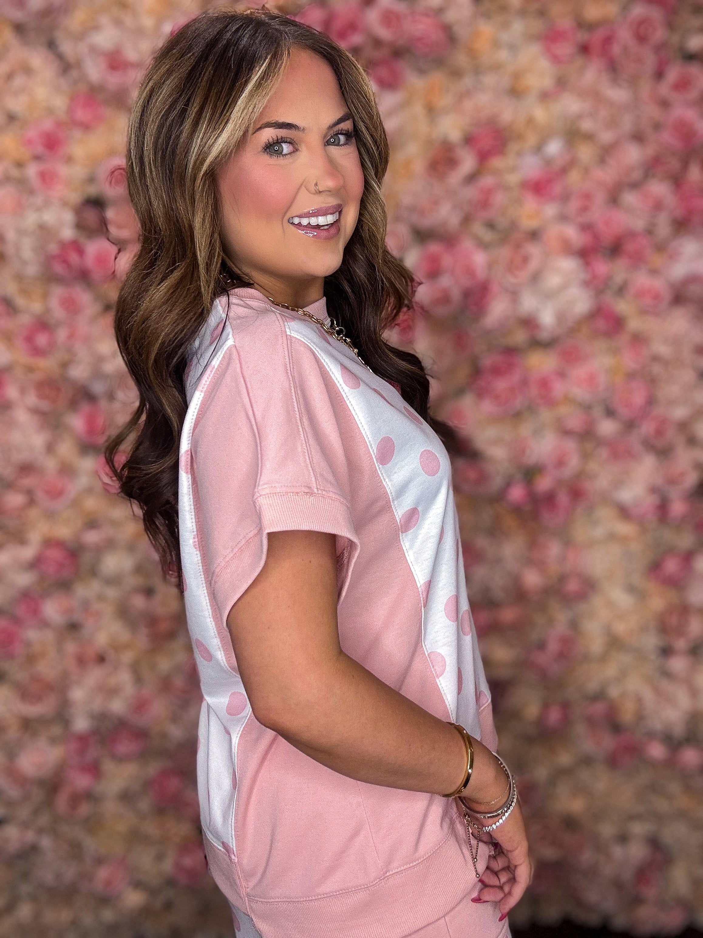 Pink Polka Dot Patchwork Top and Pant Set