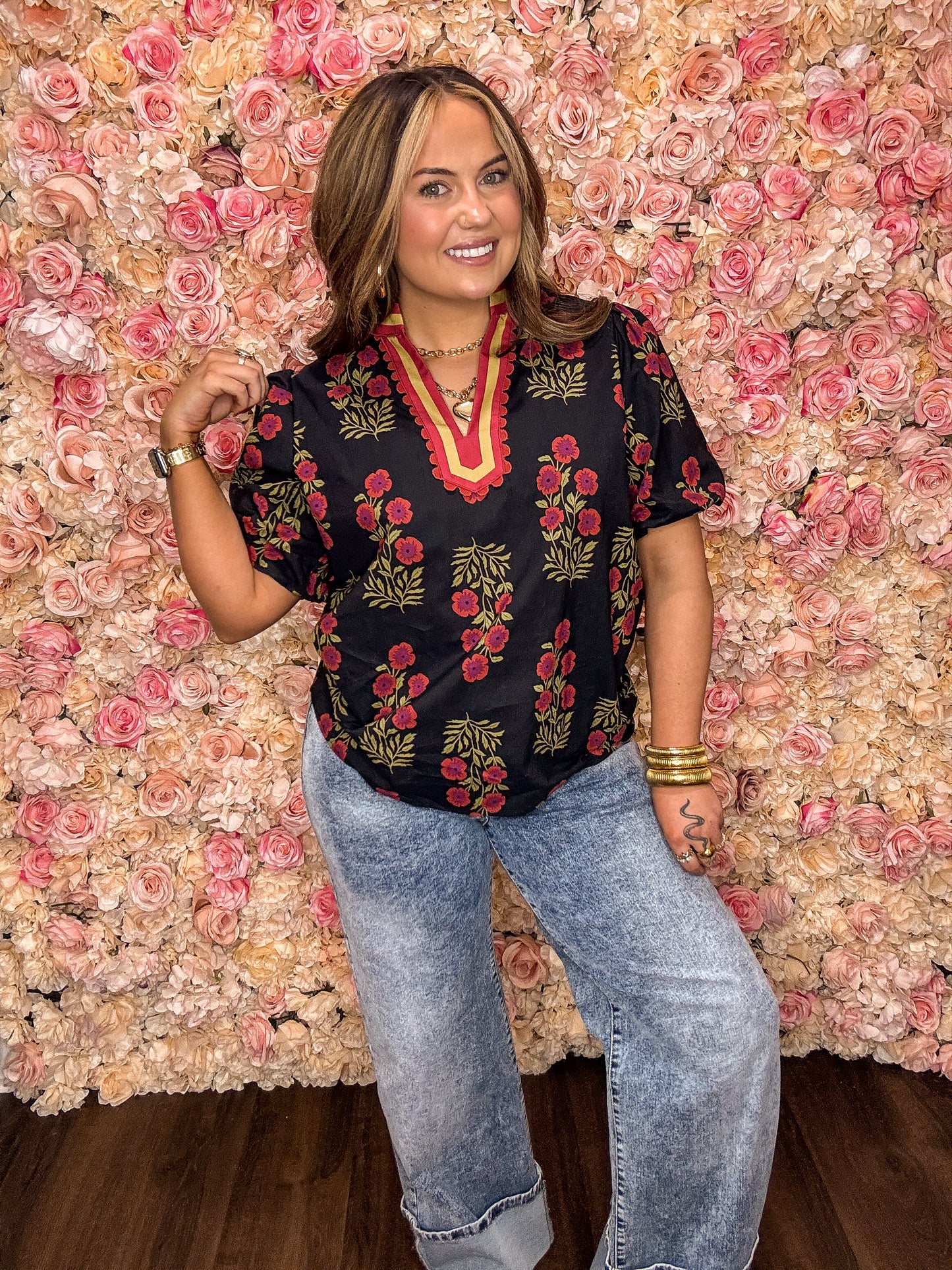 Black Floral Bubble Sleeve Blouse