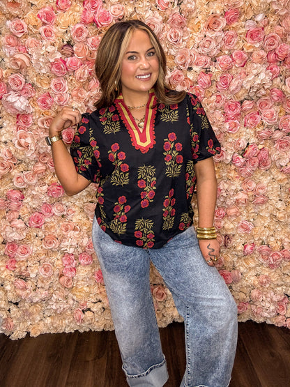 Black Floral Bubble Sleeve Blouse