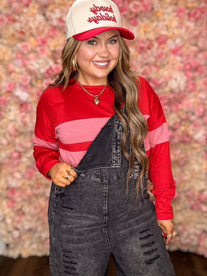 Red Color Block Long Sleeve Top