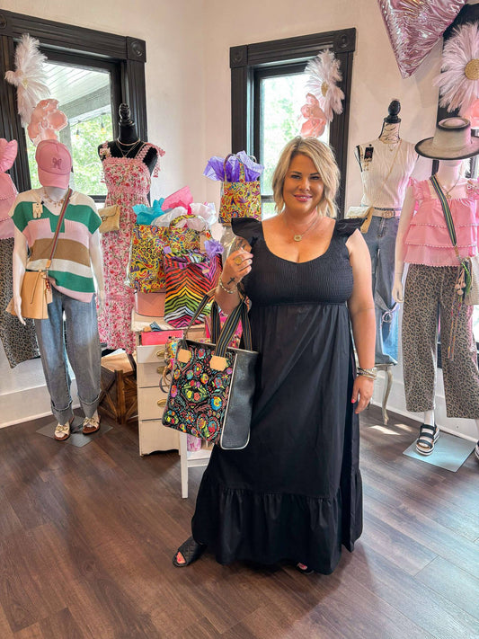 Black V Neck Flutter Sleeve Maxi Dress