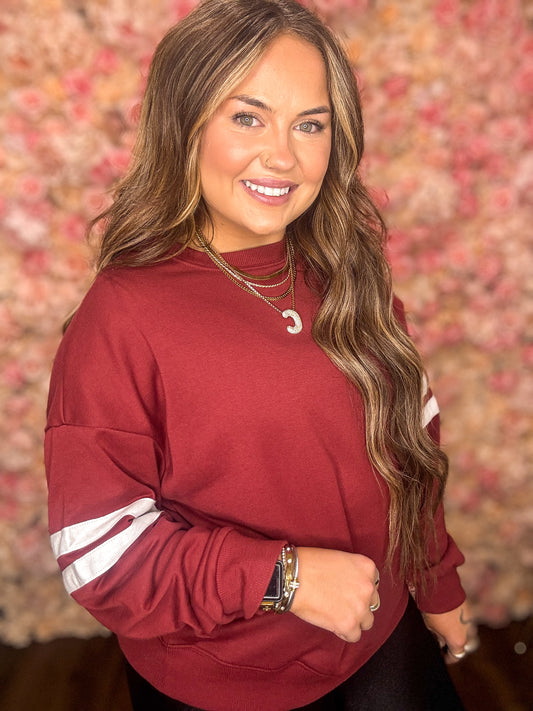 Maroon Varsity Striped Oversized Sweatshirt