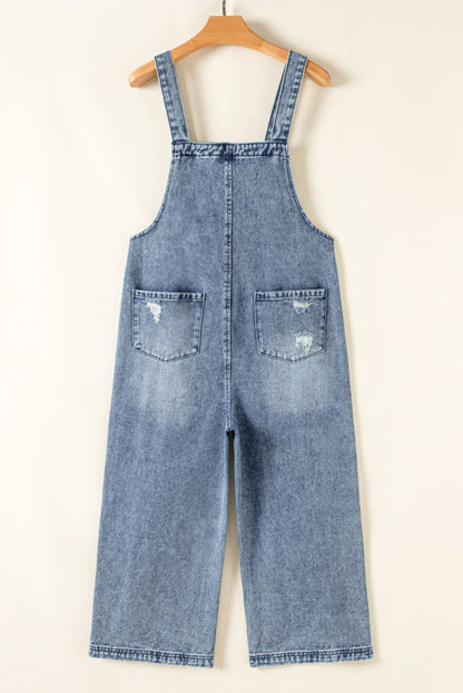 Stone Blue Distressed Wide Leg Denim Overalls