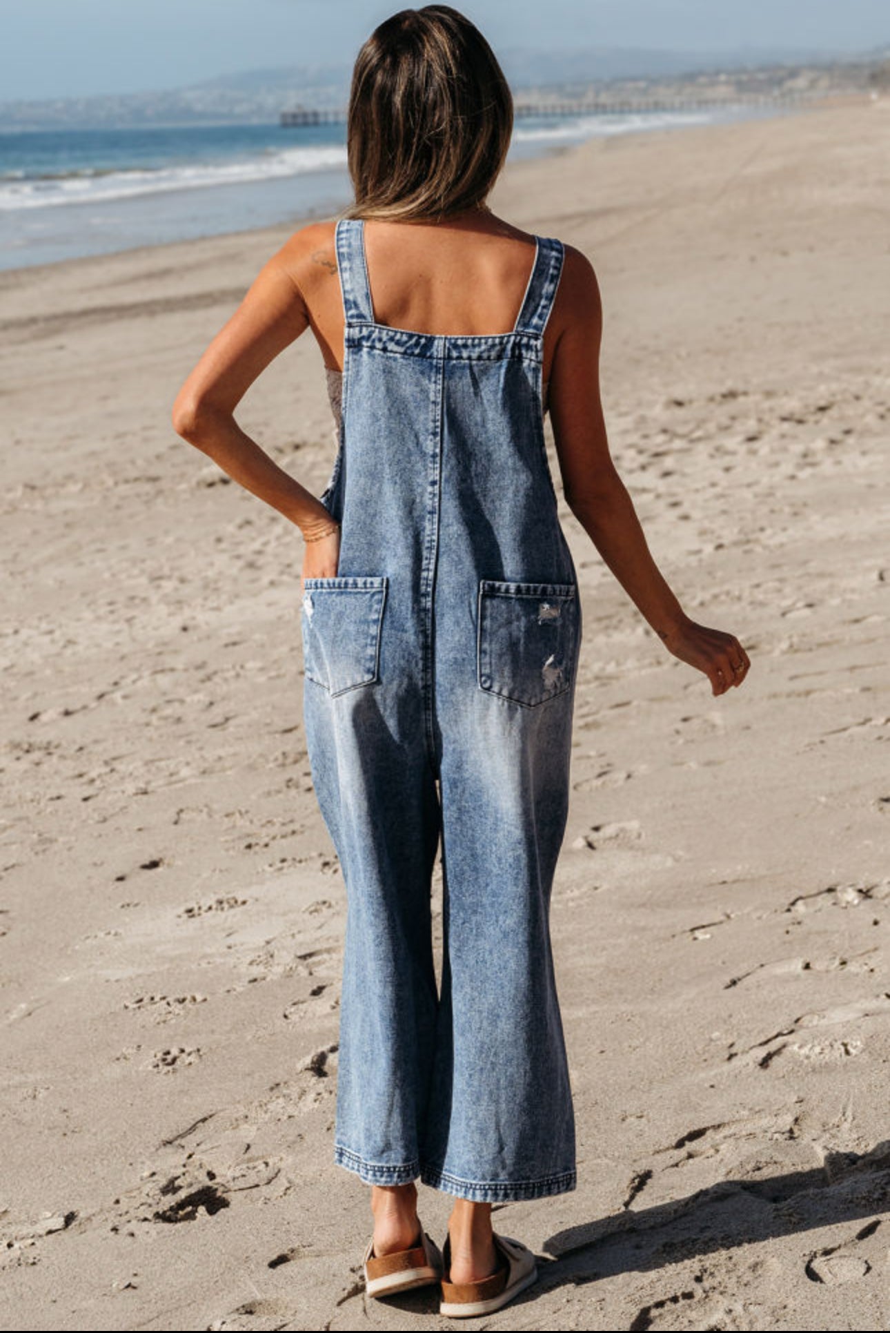 Stone Blue Distressed Wide Leg Denim Overalls