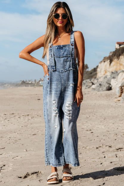 Stone Blue Distressed Wide Leg Denim Overalls