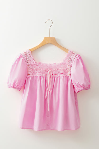Light Pink Lace Square Neck Patchwork Puff Sleeve Blouse